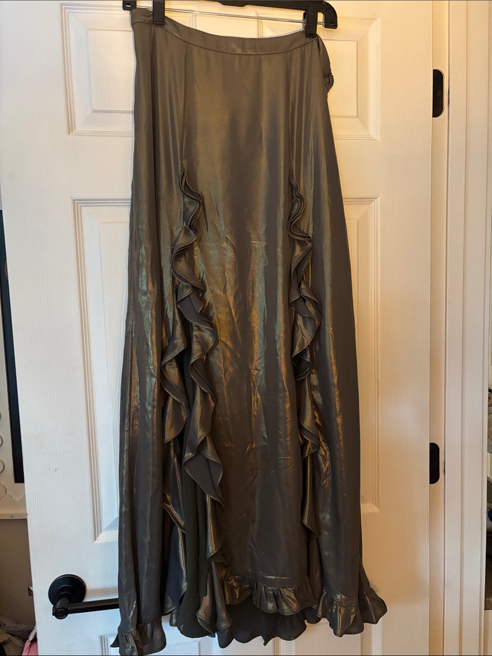 Anthropology Women's Metallic Olive Ruffle Maxi Dress